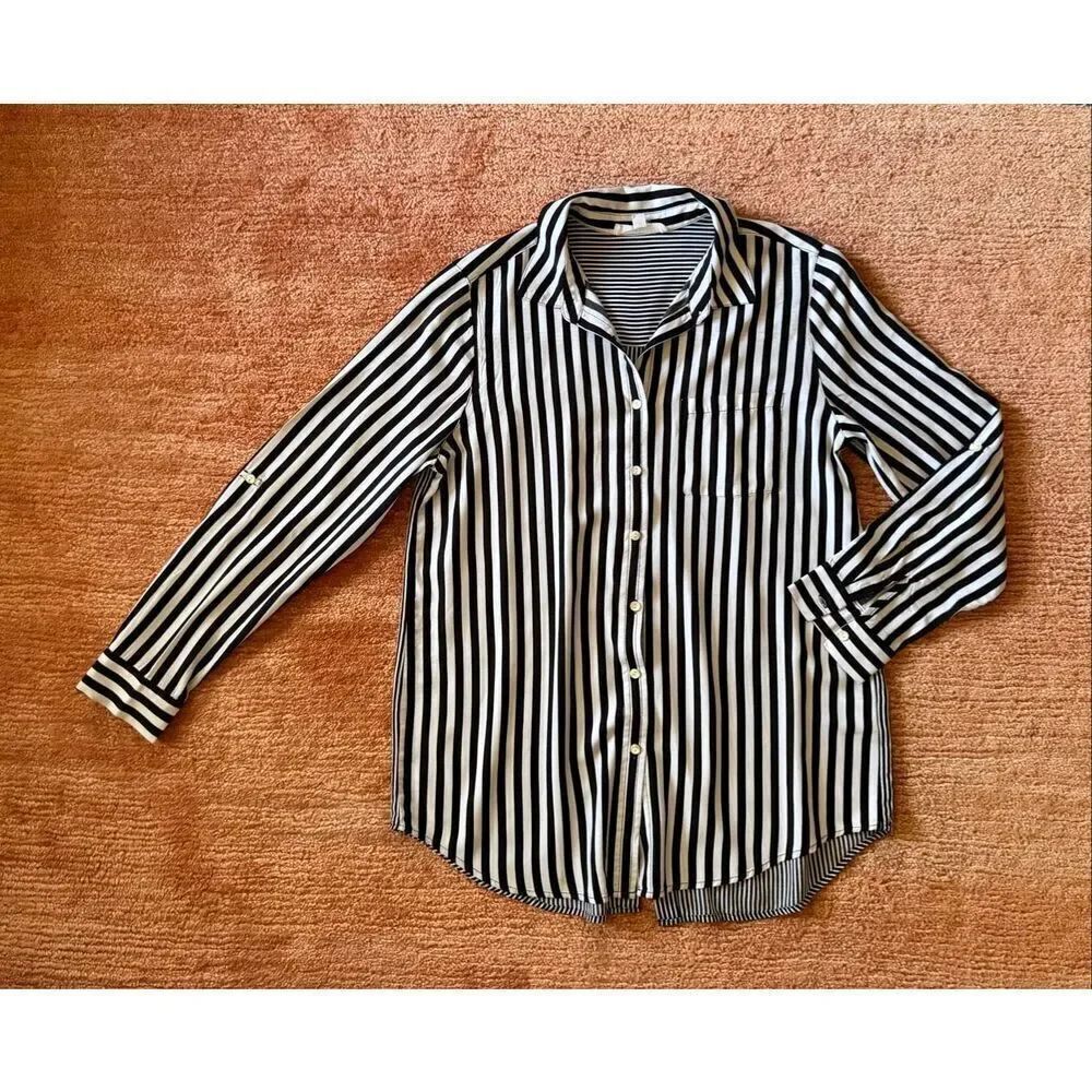 Jane + Delancey Black White Stripe Button Front Blouse Shirt Top M